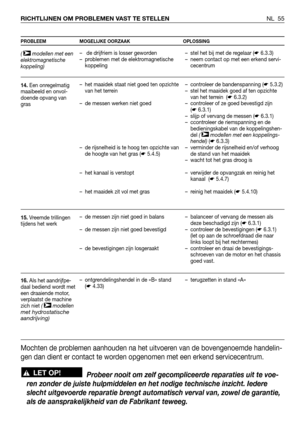 Page 56NL 55 RICHTLIJNEN OM PROBLEMEN VAST TE STELLEN
PROBLEEM MOGELIJKE OORZAAK OPLOSSING
(  modellen met een
elektromagnetische
koppeling)
14.Een onregelmatig
maaibeeld en onvol-
doende opvang van
gras
15.Vreemde trillingen
tijdens het werk
16.Als het aandrijfpe-
daal bediend wordt met
een draaiende motor,
verplaatst de machine
zich niet ( modellen
met hydrostatische
aandrijving)➤
➤– de drijfriem is losser geworden
–  problemen met de elektromagnetische
koppeling
– het maaidek staat niet goed ten opzichte
van...