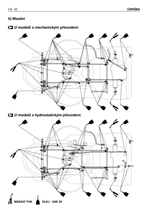 Page 43CS 42ÚDRŽBA
b) Mazání 
U modelů s mechanickým převodem:
➤
MAZACÍ TUK OLEJ - SAE 30
U modelů s hydrostatickým převodem:➤ 