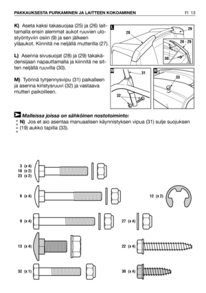 Page 14K)Aseta kaksi takasuojaa (25) ja (26) lait-
tamalla ensin alemmat aukot ruuvien ulo-
styöntyviin osiin (9) ja sen jälkeen
yläaukot. Kiinnitä ne neljällä mutterilla (27).
L)Asenna sivusuojat (28) ja (29) takakä-
densijaan napauttamalla ja kiinnitä ne sit-
ten neljällä ruuvilla (30).
M)Työnnä tyhjennysvipu (31) paikalleen
ja asenna kiristysruuvi (32) ja vastaava
mutteri paikoilleen.
Malleissa joissa on sähköinen nostotoiminto:
N)Jos et aio asentaa manuaalisen käynnistyksen vipua (31) sulje suojuksen
(19)...