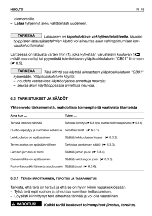 Page 46elementeille.
–Lataatyhjennyt akku välittömästi uudelleen.
Latauksen on tapahduttava vakiojännitelaitteella. Muiden
tyyppisten latausjärjestelmien käyttö voi aiheuttaa akun vahingoittumisen kor-
vauskelvottomaksi.
Laitteessa on latausta varten liitin (1), joka kytketään varusteisiin kuuluvan ( 
mikäli asennettu) tai pyynnöstä toimitettavan ylläpitoakkulaturin “CB01” liittimeen
(☛8.5).
Tätä liitintä saa käyttää ainoastaan ylläpitoakkulaturin CB01
kytkentään. Ylläpitoakkulaturin käyttö:
– noudata...