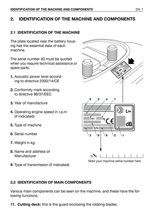 Page 82. IDENTIFICATION OF THE MACHINE AND COMPONENTS
2.1 IDENTIFICATION OF THE MACHINE
The plate located near the battery hous-
ing has the essential data of each
machine.
The serial number (6) must be quoted
when you require technical assistance or
spare parts.
1.Acoustic power level accord-
ing to directive 2000/14/CE
2.Conformity mark according
to directive 98/37/EEC
3.Year of manufacture
4.Operating engine speed in r.p.m
(if indicated)
5.Type of machine
6.Serial number
7.Weight in kg
8.Name and address of...