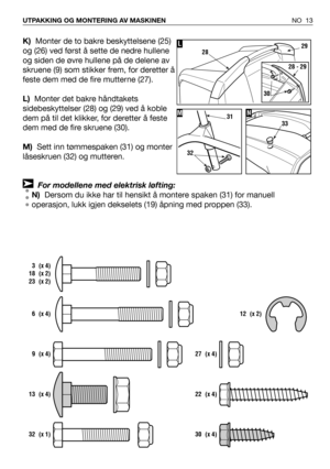 Page 14K)Monter de to bakre beskyttelsene (25)
og (26) ved først å sette de nedre hullene
og siden de øvre hullene på de delene av
skruene (9) som stikker frem, for deretter å
feste dem med de fire mutterne (27).
L)Monter det bakre håndtakets
sidebeskyttelser (28) og (29) ved å koble
dem på til det klikker, for deretter å feste
dem med de fire skruene (30).
M)Sett inn tømmespaken (31) og monter
låseskruen (32) og mutteren.
For modellene med elektrisk løfting:
N)Dersom du ikke har til hensikt å montere spaken...
