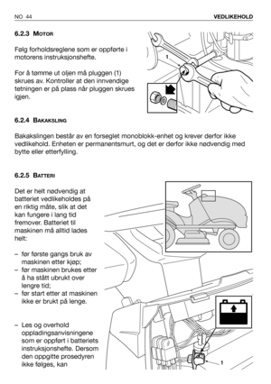 Page 45NO 44VEDLIKEHOLD
6.2.3 MOTOR
Følg forholdsreglene som er oppførte i
motorens instruksjonshefte.
For å tømme ut oljen må pluggen (1)
skrues av. Kontroller at den innvendige
tetningen er på plass når pluggen skrues
igjen.
6.2.4 B
AKAKSLING
Bakakslingen består av en forseglet monoblokk-enhet og krever derfor ikke
vedlikehold. Enheten er permanentsmurt, og det er derfor ikke nødvendig med
bytte eller etterfylling.
6.2.5 B
ATTERI
Det er helt nødvendig at
batteriet vedlikeholdes på
en riktig måte, slik at det...