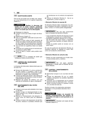 Page 48SUSTITUCIÓN ACEITE 
Para el tipo de aceite que se debe usar, atener-se a las indicaciones en el capítulo específico(véase 8.1).
Realizar la descarga delaceite con el motor caliente, prestandoatención a no tocar las partes calientes delmotor o el aceite que se ha descargado.
a)Enderezar la máquina.b)Limpiar la zona que rodea el tapón de llena-do (1).c)Desenroscar el tapón (1).d)Usar un contenedor adecuado (2) para reco-ger el aceite.e)Apoyar el motor sobre el lado izquierdo demodo que salga el aceite del...