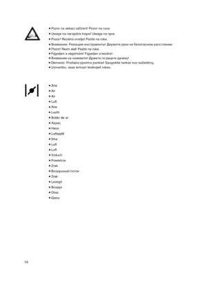 Page 1414
•Pozor na sekací zařízení! Pozor na ruce.
•Uwaga na narzędzia tnące! Uwaga na ręce.
•Pozor! Rezalna orodja! Pazite na roke.
•Внимание: Режущие инструменты! Держите руки на безопасном расстоянии.
•Pozor! Rezni alat! Pazite na ruke.
•Figyeljen a vágóműre! Figyeljen a kezére!.
•Внимание на ножевите! Држете ги рацете далеку!
•Dėmesio: Prietaiso pjovimo įrankiai! Saugokite rankas nuo sužeidimų.
•Uzmanību: asas ierīces! Ievērojiet rokas.
•Aria
•Air
•Air
•Luft
•Aire
•Lucht
•Botão de ar
•∞¤Ú·˜
•Hava...