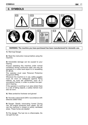 Page 8SYMBOLS21EN
1)Warning! Danger.
2)Read the instruction manual before using the
machine.
3)Irreversible damage can be caused to your
hearing. 
Anyone operating this machine under normal
conditions during continuous daily use may be
exposed to a noise level equal to or exceeding
85 dB (A). 
The operator must wear Personal Protective
Equipment (PPE). 
Whenever the machine is in use, safety goggles
must be worn to safeguard against flying
objects, as must ear protectors, such as a
soundproof helmet, in order...
