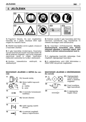 Page 120HU
1)Figyelem! Veszély. Ha nem megfelelően
használja ezt a gépet, veszélyes lehet saját
magára és másokra nézve.
2)Mielőtt használatba venné a gépet, olvassa el
a használati utasítást.
3)A gép használója mindennapos, folyamatos
normál körülmények közötti használat esetén 85
dB (A) értéknek megfelelő, vagy annál magasabb
zajszintnek teheti ki magát. Használjon
hallásvédő eszközöket és hordjon védősisakot.
4)Hordjon balesetbiztos védőcipőt, és
védőkesztyűt!
11)Keverék tartály
12)Motor leállító kapcsoló...