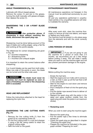 Page 195ANGLE TRANSMISSION (Fig. 19)
Lubricate with lithium-based grease. 
Remove the screw (1) and put in the grease,
turning the shaft manually until grease emerges,
then replace the screw (1).
SHARPENING THE 3 OR 4-POINT BLADE
(Fig. 20)
Use protective gloves. If
sharpening is done without removing the
blade, disconnect the spark plug cap.
Sharpening must be done taking account of the
type of blade and cutting edges, using a flat file
and working all the points equally.
The references for correct sharpening...