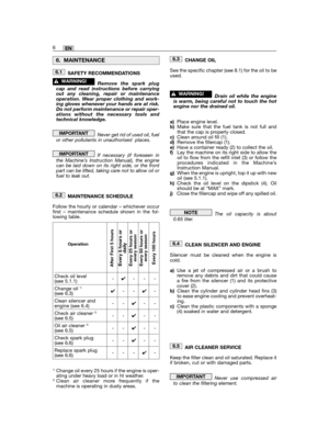 Page 16SAFETY RECOMMENDATIONS
Remove the spark plugcap and read instructions before carryingout any cleaning, repair or maintenanceoperation. Wear proper clothing and work-ing gloves whenever your hands are at risk.Do not perform maintenance or repair oper-ations without the necessary tools andtechnical knowledge.
Never get rid of used oil, fuelor other pollutants in unauthorised  places.
If necessary (if foreseen inthe Machine’s Instruction Manual), the enginecan be laid down on its right side, or the...