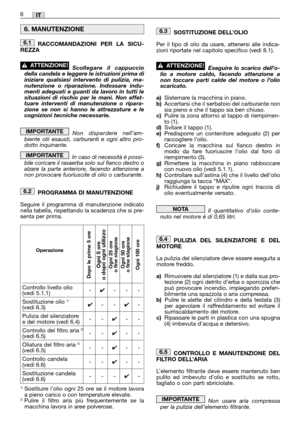 Page 32RACCOMANDAZIONI PER LA SICU-
REZZA
Scollegare il cappuccio
della candela e leggere le istruzioni prima di
iniziare qualsiasi intervento di pulizia, ma-
nutenzione o riparazione. Indossare indu-
menti adeguati e guanti da lavoro in tutti le
situazioni di rischio per le mani. Non effet-
tuare interventi di manutenzione o ripara-
zione se non si hanno le attrezzature e le
cognizioni tecniche necessarie.
Non disperdere nell’am-
biente olii esausti, carburanti e ogni altro pro-
dotto inquinante.
In caso di...