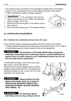 Page 31The machine has a connector (1) for recharging located next to the battery,
which is to be connected to the corresponding connector of the special
“CB02” maintenance battery charger supplied.
This connector must only be
used for connecting to the “CB02” maintenance
battery charger. For its use:
– follow the instructions given in the relative instruc-
tions manual;
– follow the instructions given in the battery manual.
6.3 CHECKS AND ADJUSTMENTS
6.3.1 D
ISMANTLING, SHARPENING AND BALANCING THE BLADE
Check...