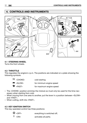 Page 1312EN
4.1 STEERING WHEEL
Turns the front wheels.
4.2 THROTTLE
This regulates the engines r.p.m. The positions are indicated on a plate showing the
following symbols:
«CHOKE» cold starting 
«SLOW» for minimum engine speed
«FAST»  for maximum engine speed
–The «CHOKE» position enriches the mixture so must only be used for the time nec-
essary when starting from cold.
–When moving from one area to another, put the lever in a position between «SLOW»
and «FAST».
–When cutting, shift into «FAST».
4.3 KEY...