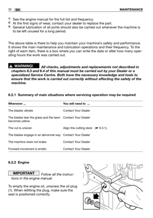 Page 3130ENMAINTENANCE
1)See the engine manual for the full list and frequency.2)At the first signs of wear, contact your dealer to replace the part.3)General lubrication of all joints should also be carried out whenever the machine is
to be left unused for a long period.  
The above table is there to help you maintain your machine’s safety and performance.
It shows the main maintenance and lubrication operations and their frequency. To the
right of each item, there is a box where you can write the date or...