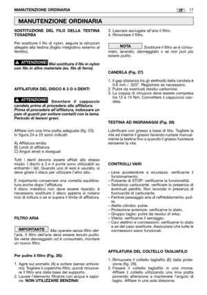 Page 19SOSTITUZIONE DEL FILO DELLA TESTINA
TOSAERBA
Per sostituire il filo di nylon, seguire le istruzioni
allegate alla testina (foglio integrativo esterno al
libretto).
Mai sostituire il filo in nylon
con filo in altro materiale (es. filo di ferro).
AFFILATURA DEL DISCO A 3 O 4 DENTI
Smontare il cappuccio
candela prima di procedere alla affilatura.
Prima di procedere all’affilatura, indossare un
paio di guanti per evitare contatti con la lama. 
Pericolo di lesioni gravi.
Affilare con una lima piatta adeguata...