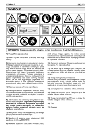 Page 233PLSYMBOLE231
1)Uwaga! Niebezpieczeństwo
2)Przed  użyciem  urządzenia  przeczytaj  instrukcję
obsługi 
3)Zagrożenie nieodwracalnym uszkodzeniem słuchu.
Ostrzegamy operatora niniejszego urządzenia, że uży-
wając  urządzenie  w  warunkach  normalnych,  przez
cały  dzień  w  sposób  ciągły,  może  być  narażony  na
poziom hałasu sięgający lub przekraczający 85 dB(A).
Obowiązkowe  jest  zatem  stosowanie  osobistego
wyposażenia  ochronnego.  Podczas  korzystania  z
urządzenia należy zawsze stosować okulary...