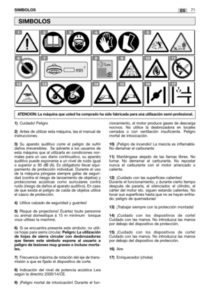 Page 73ESSIMBOLOS71
1)Cuidado! Peligro
2)Antes de utilizar esta máquina, lea el manual de
instrucciones.
3)Su aparato auditivo corre el peligro de sufrir
daños irreversibles.  Se advierte a los usuarios de
esta máquina que al utilizarla en condiciones nor-
males para un uso diario continuativo, su aparato
auditivo puede exponerse a un nivel de ruido igual
o superior a: 85 dB (A). Es obligatorio llevar equi-
pamiento de protección individual. Durante el uso
de la máquina póngase siempre gafas de seguri-
dad...