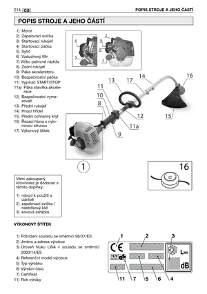 Page 216CS214POPIS STROJE A JEHO ČÁSTÍ
1) Motor
2) Zapalovací svíčka 
3) Startovací rukoje7
4) Startovací páčka
5) Sytič
6) Vzduchový filtr
7) Víčko palivové nádrže
8) Zadní rukoje7
9) Páka akcelerátoru
10) Bezpečnostní páčka
11) Vypínač START/STOP
11a) Páka stavítka akcele-
race
12) Bezpečnostní vyme-
zovač
13) Přední rukoje7
14) Hnací hřídel
15) Přední ochranný kryt
16) Řezací hlava s nylo-
novou strunou
17) Výkonový štítek
POPIS STROJE A JEHO ČÁSTÍ
Vámi zakoupený
křovinořez je dodáván s
těmito doplňky:
1)...