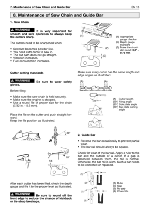 Page 167. Maintenance of Saw Chain and Guide BarEN 15
1. Saw Chain
It is very important for
smooth and safe operation to always keep
the cutters sharp.
The cutters need to be sharpened when:
•Sawdust becomes powder-like.
•You need extra force to saw in.
•The cut path does not go straight.
•Vibration increases.
•Fuel consumption increases.
Cutter setting standards
Be sure to wear safety
gloves.
Before filing:
•Make sure the saw chain is held securely.
•Make sure the engine is stopped.
•Use a round file of proper...