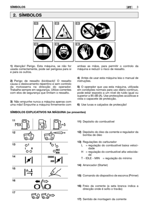 Page 105PT
1)Atenção! Perigo. Esta máquina, se não for
usada correctamente, pode ser perigosa para si
e para os outros. 
2)Perigo de ressalto (kickback)! O ressalto
causa o deslocamento repentino e sem controlo
da motosserra na direcção do operador.
Trabalhe sempre em segurança. Utilize correntes
com elos de segurança que limitam o ressalto.
3)Não empunhe nunca a máquina apenas com
uma mão! Empunhe a máquina firmemente com
11)Depósito do combustível 
12)Depósito do óleo da corrente e regulador da
bomba de óleo...