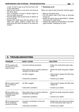 Page 37a halt, so that it uses up all the fuel that is left
in the carburettor.
–Wait for the engine to cool down and remove
the spark plug.
–Pour a teaspoon of (new) 2-stroke engine oil
into the spark plug slot.
–Pull the starter rope several times to deliver oil
to the cylinder..
–Replace the spark plug with the piston in the
dead end upper position (visible from the
spark plug slot when the piston is at maximum
stroke).•Restarting work
When you wish to start using the machine again:
–Remove the spark plug....