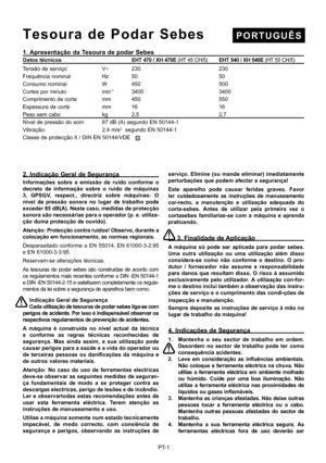 Page 25
PT-1
P O R T U G U Ê ST e s o u r a   d e   P o d a r   S e b e s
1. Apresentação da Tesoura de podar SebesDatos técnicos  EHT 470 / XH 470E  (HT 45 CH/5)  EHT 540 / XH 540E  (HT 55 CH/5) 
Tensão de serviço  V~              230  230
Frequência nominal  Hz  50  50
Consumo nominal  W               450  500
Cortes por minuto  min
-1           3400  3400
Comprimento de corte  mm            450  550
Espessura de corte  mm         16  16        
Peso sem cabo  kg  2,5  2,7
Nível de pressão do som:       87 dB...