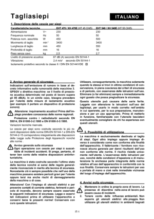 Page 6
Utilizzare, conseguentemente, la macchina solamente 
quando la stessa si trovi in ottime condizioni di con-
servazione, in piena coscienza dei criteri di sicurezza 
e  di  pericolo,  con  osservanza  delle  istruzioni  sull’uso. 
Eliminare (o far eliminare) sempre e immediatamente 
ogni guasto che possa pregiudicare la sicurezza.
Questo  utensile  può  causare  delle  serie  ferite. 
Leggete  con  attenzione  le  istruzioni  sull’uso  del 
taglisiepi,  per  usarlo  in  modo  corretto  nell’ambito 
in...