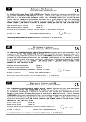 Page 50
EC Declaration of Conformity
according to EU Guideline of Machines 98/37/EG
We,  IKRA
 GmbH, Schlesier Straße 36, D-64839 Münster / Altheim, declare under our sole responsibility that the 
hedge trimmer  EHT 600 PRO, XH 600E-PRO (EHT 600 Proﬁ ), to which this declaration relates correspond to the 
relevant basic safety and health requirements of Directives 89/336/EEC  (EMV-Guideline),  73/23/EEC (Low Voltage Guideline), 89/37/EG  (Guideline  of  Machines)  and 2000/14/EC  (noise  directive).  For  the...