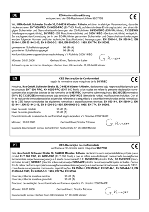 Page 51
EG-Konformitätserklärung
entsprechend der EG-Maschinenrichtlinie 98/37/EG
Wir, IKRA GmbH, Schlesier Straße 36, D-64839 Münster / Altheim, erklären in alleiniger Verantwortung, dass die 
Heckenscheren  EHT 600 PRO, XH 600E-PRO  (EHT 600 Proﬁ ), auf die sich diese Erklärung bezieht, den einschlä-
gigen  Sicherheits-  und  Gesundheitsanforderungen  der  EG-Richtlinien 89/336/EWG  (EMV-Richtlinie), 73/23/EWG (Niederspannungsrichtlinie) ,  98/37/EG (EG  Maschinenrichtlinie)  und 2000/14/EG...