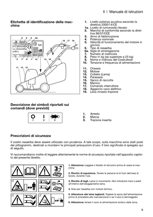 Page 11I| Manuale di istruzioni
9
Etichetta di identificazione della mac-
china
Descrizione dei simboli riportati sui
comandi (dove previsti)
Prescrizioni di sicurezza
Il vostro rasaerba deve essere utilizzato con prudenza. A tale scopo, sulla macchina sono stati posti
dei pittogrammi, destinati a ricordarvi le principali precauzioni d’uso. Il loro significato è spiegato qui
di seguito. 
Vi raccomandiamo inoltre di leggere attentamente le norme di sicurezza riportate nell’apposito capito-
lo del presente...