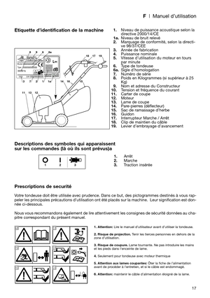 Page 19F| Manuel d’utilisation
17
Etiquette d’identification de la machine
Descriptions des symboles qui apparaissent
sur les commandes (là où ils sont prévus)a
Prescriptions de securité
Votre tondeuse doit être utilisée avec prudence. Dans ce but, des pictogrammes destinés à vous rap-
peler les principales précautions d’utilisation ont été placés sur la machine.  Leur signification est don-
née ci-dessous.
Nous vous recommandons également de lire attentivement les consignes de sécurité données au cha-
pitre...