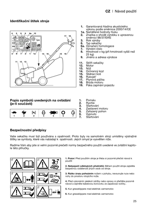 Page 27CZ| Návod použití
25
Identifikační štítek stroje
Popis symbolů uvedených na ovládání
(je-li součástí)
Bezpečnostní předpisy
Vaše  sekačka  musí  být  používána  s  opatrností.  Proto  byly  na  samotném  stroji  umístěny  výstražné
štítky se symboly, které vás nabádají k opatrnosti. Jejich smysl je vysvětlen níže. 
Radíme Vám aby jste si velmi pozorně prečetli normy bezpečného použití uvedené ve zvláštní kapito-
le této příručky.1.Garantovaná hladina akustického
výkonu podle směrnice 2000/14/CE...