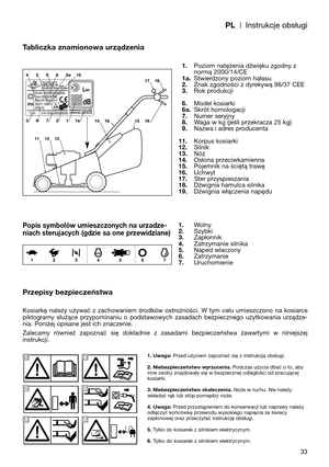 Page 35PL| Instrukcje obsługi
33
Tabliczka znamionowa urządzenia
Popis symbolów umieszczonych na urzadze-
niach sterujacych (gdzie sa one przewidziane)
Przepisy bezpieczeństwa
Kosiarkę  należy  używać  z  zachowaniem  środków  ostrożności.  W  tym  celu  umieszczono  na  kosiarce
piktogramy  służące  przypominaniu  o  podstawowych  zasadach  bezpiecznego  użytkowania  urządze-
nia. Poniżej opisane jest ich znaczenie. 
Zalecamy  również  zapoznać  się  dokładnie  z  zasadami  bezpieczeństwa  zawartymi  w...