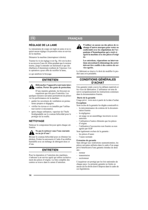 Page 1414
FRANÇAISFR
RÉGLAGE DE LA LAME
Le mécanisme de coupe est réglé en usine et ne re-
quiert aucun réglage à la première mise en service 
de la machine.
Démarrer la machine (interrupteur à droite).
Tourner la vis de réglage (voir fig. 10) vers la droi-
te au moyen d’une clé Allen pendant que le moteur 
tourne, jusqu’à entendre un râclement et que des 
ébarbures d’aluminium tombent de l’éjecteur. Cet-
te opération a pour effet de rectifier la lame,
ce qui améliore le broyage.
ENTRETIEN
Débrancher l’appareil...