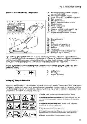 Page 35PL| Instrukcje obsługi
33
Tabliczka znamionowa urządzenia
Popis symbolów umieszczonych na urzadzeniach sterujacych (gdzie sa one
przewidziane)
Przepisy bezpieczeństwa
Kosiarkę  należy  używać  z  zachowaniem  środków  ostrożności.  W  tym  celu  umieszczono  na  kosiarce
piktogramy  służące  przypominaniu  o  podstawowych  zasadach  bezpiecznego  użytkowania  urządze-
nia.  Poniżej  opisane  jest  ich  znaczenie.    Zalecamy  również  zapoznać  się  dokładnie  z  zasadami  bez-
pieczeństwa zawartymi w...