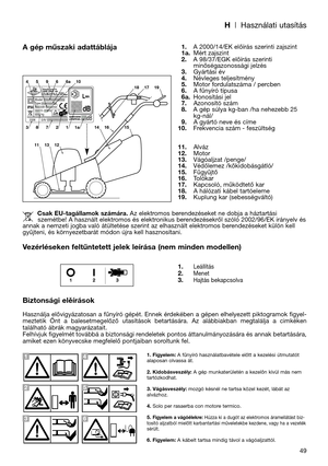 Page 51H| Használati utasítás
49
A gép műszaki adattáblája
Vezérléseken feltűntetett jelek leírása (nem minden modellen)
Biztonsági elěírások
Használja elővigyázatosan a fűnyíró gépét. Ennek érdekében a gépen elhelyezett piktogramok figyel-
meztetik  Önt  a  balesetmegelőző  utasítások  betartására.  Az  alábbiakban  megtalálja  a  cimkéken
található ábrák magyarázatait.
Felhívjuk figyelmét továbbá a biztonsági rendeletek pontos áttanulmányozására és annak betartására,
amiket ezen könyvecske megfelelő...