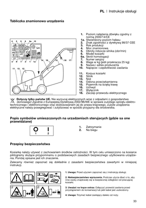 Page 35PL| Instrukcje obsługi
33
Tabliczka znamionowa urządzenia
Przepisy bezpieczeństwa
Kosiarkę  należy  używać  z  zachowaniem  środków  ostrożności.  W  tym  celu  umieszczono  na  kosiarce
piktogramy  służące  przypominaniu  o  podstawowych  zasadach  bezpiecznego  użytkowania  urządze-
nia. Poniżej opisane jest ich znaczenie. 
Zalecamy  również  zapoznać  się  dokładnie  z  zasadami  bezpieczeństwa  zawartymi  w  niniejszej
instrukcji.1.Poziom natężenia dźwięku zgodny z
normą 2000/14/CE
1a.Stwierdzony...