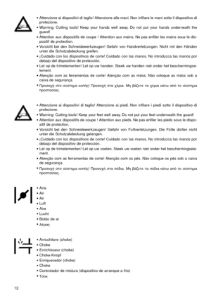 Page 12•Attenzione ai dispositivi di taglio! Attenzione alle mani. Non infilare le mani sotto il dispositivo di
protezione.
•Warning: Cutting tools! Keep your hands well away. Do not put your hands underneath the
guard!
•Attention aux dispositifs de coupe ! Attention aux mains. Ne pas enfiler les mains sous le dis-
positif de protection.
•Vorsicht bei den Schneidewerkzeugen! Gefahr von Handverletzungen. Nicht mit den Händen
unter die Schutzabdeckung greifen.
•¡Cuidado con los dispositivos de corte! Cuidado con...