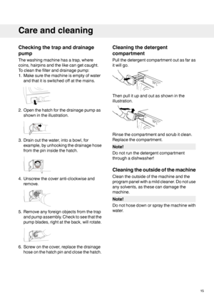 Page 15Checkingthetrapanddrainage
pump
Thewashingmachinehasatrap,where
coins,hairpinsandthelikecangetcaught.
Tocleanthefilteranddrainagepump:
1.Makesurethemachineisemptyofwater
andthatitisswitchedoffatthemains.
2.Openthehatchforthedrainagepumpas
shownintheillustration.
3.Drainoutthewater,intoabowl,for
example,byunhookingthedrainagehose
fromthepininsidethehatch.
4.Unscrewthecoveranti-clockwiseand
remove.
5.Removeanyforeignobjectsfromthetrap
andpumpassembly.Checktoseethatthe
pumpblades,rightattheback,willrotate....