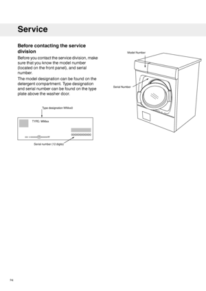 Page 24Beforecontactingtheservice
division
Beforeyoucontacttheservicedivision,make
surethatyouknowthemodelnumber
(locatedonthefrontpanel),andserial
number.
Themodeldesignationcanbefoundonthe
detergentcompartment.Typedesignation
andserialnumbercanbefoundonthetype
plateabovethewasherdoor.
24
Service
TypedesignationWMxx0
Serialnumber(12digits)000000000000
TYPE:  WMxx
xxx  x xxxxxxx  M  xxxxxxxW  ModelNumber
SerialNumber   