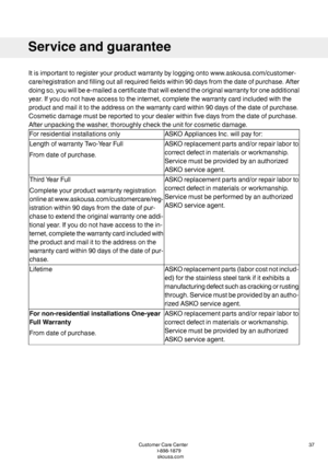 Page 37Itisimportanttoregisteryourproductwarrantybyloggingontowww.askousa.com/customer-
care/registrationandfillingoutallrequiredfieldswithin90daysfromthedateofpurchase.After
doingso,youwillbee-mailedacertificatethatwillextendtheoriginalwarrantyforoneadditional
year.Ifyoudonothaveaccesstotheinternet,completethewarrantycardincludedwiththe
productandmailittotheaddressonthewarrantycardwithin90daysofthedateofpurchase.
Cosmeticdamagemustbereportedtoyourdealerwithinfivedaysfromthedateofpurchase....