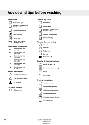 Page 12CustomerCareCenter12
1-800-898-1879
www.askousa.com
Adviceandtipsbeforewashing
Ironing instructions
Special drying instructions
Tumble dry heat setting Tumble dry cycle
Dry clean symbol
Bleach instructions
Wash water temperature
Wash cycle  