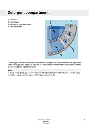 Page 91.PreWash
2.MainWash
3.Mainwashliquiddetergent.
4.Fabricsoftener
Thedetergentdrawerautomaticallydispensesthedetergentandfabricsoftenerattheappropriate
times.Simplypourthemeasuredamountsofdetergentandsoftenerintothepropercompartments
(asillustrated)andclosethedrawer.
Note
Toavoidoversudsing,donotputdetergentintheprewashcompartmentunlessyouareusing
oneoftheHeavywashprogramswhichhasaprewashcycle.
9CustomerCareCenter
1-800-898-1879
www.askousa.com
Detergentcompartment
2
3
41    