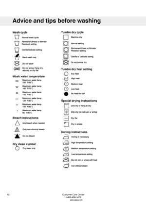 Page 12CustomerCareCenter
1-800-898-1879
12
www.askousa.com
Adviceandtipsbeforewashing
Ironing instructions
Special drying instructions
Tumble dry heat setting Tumble dry cycle
Dry clean symbol
Bleach instructions
Wash water temperature
Wash cycle  