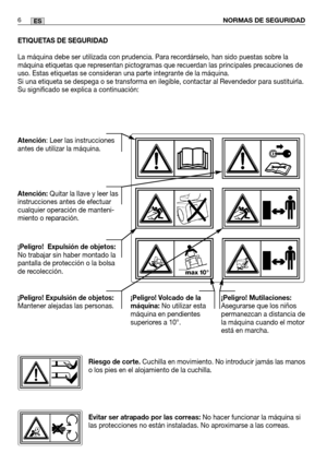 Page 88NORMAS DE SEGURIDAD6ES
ETIQUETAS DE SEGURIDAD
La máquina debe ser utilizada con prudencia. Para recordárselo, han sido puestas sobre la
máquina etiquetas que representan pictogramas que recuerdan las principales precauciones de
uso. Estas etiquetas se consideran una parte integrante de la máquina\
.
Si una etiqueta se despega o se transforma en ilegible, contactar al Rev\
endedor para sustituirla.
Su significado se explica a continuación:
Atención: Leer las instrucciones
antes de utilizar la máquina....