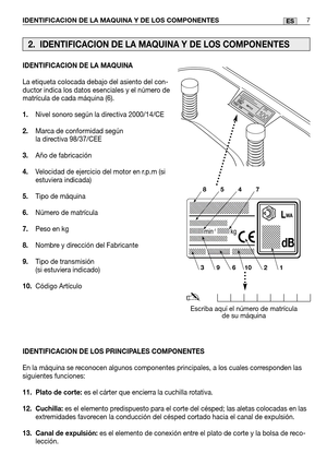 Page 89IDENTIFICACION DE LA MAQUINA Y DE LOS COMPONENTES7ES
IDENTIFICACION DE LA MAQUINA
La etiqueta colocada debajo del asiento del con-
ductor indica los datos esenciales y el número de
matrícula de cada máquina (6). 
1.Nivel sonoro según la directiva 2000/14/CE
2. Marca de conformidad según
la directiva 98/37/CEE 
3. Año de fabricación
4. Velocidad de ejercicio del motor en r.p.m (si
estuviera indicada)
5. Tipo de máquina
6. Número de matrícula
7. Peso en kg
8. Nombre y dirección del Fabricante
9. Tipo de...