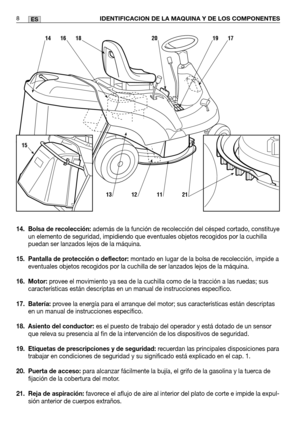 Page 9014. Bolsa de recolección:además de la función de recolección del césped cortado, constituye
un elemento de seguridad, impidiendo que eventuales objetos recogidos por la cuchilla
puedan ser lanzados lejos de la máquina.
15. Pantalla de protección o deflector:  montado en lugar de la bolsa de recolección, impide a
eventuales objetos recogidos por la cuchilla de ser lanzados lejos de la máquina.
16. Motor: provee el movimiento ya sea de la cuchilla como de la tracción a las ru\
edas; sus
características...