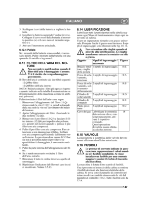 Page 147147
ITALIANOIT
3. Scollegare i cavi della batteria e togliere la bat-teria.
4. Installare la batteria seguendo l’ordine inverso.  Collegare il cavo rosso della batteria al morset-
to positivo (+) e il cavo nero al morsetto nega-
tivo (-).
5. Attivare linterruttore principale.
6.12.4 Pulizia
Se i morsetti della batteria sono ossidati, è neces-
sario pulirli. Pulire i morsetti della batteria con una 
spazzola di metallo e ingrassarli.
6.13 FILTRO DELL’ARIA DEL MO- TORE
Non accendere mai il motore quando il...