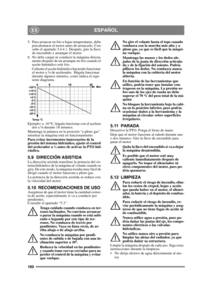 Page 160160
ESPAÑOLES
5.  Para arrancar en frío a bajas temperaturas, debe precalentarse el motor antes de arrancarlo. Con-
sulte el apartado 3.4.4.1. Después, gire la llave 
de encendido y arranque el motor.
6. No debe cargar ni conducir la máquina directa- mente después de un arranque en frío cuando el 
aceite hidráulico esté frío.
Caliente el aceite hidráulico haciendo funcionar  
el motor a ¼ de acelerador.  Hágala funcionar 
durante algunos minutos, como indica el sigu-
iente diagrama.
Ejemplo: a -10 ºC,...