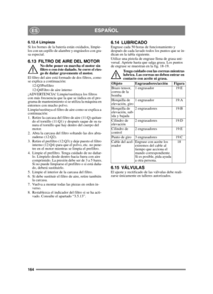 Page 164164
ESPAÑOLES
6.12.4 Limpieza
Si los bornes de la batería están oxidados, límpie-
los con un cepillo de alambre y engráselos con gra-
sa especial.
6.13 FILTRO DE AIRE DEL MOTORNo debe poner en marcha el motor sin 
filtro o con éste dañado. Se corre el ries-
go de dañar gravemente el motor.
El filtro del aire está formado de dos filtros, como 
se explica a continuación: 12:Q3Prefiltro
12:Q4Filtro de aire interno
¡ADVERTENCIA! Limpie/sustituya los filtros 
con más frecuencia que la que se indica en el...