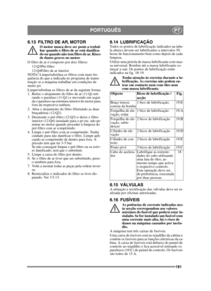 Page 181181
PORTUGUÊSPT
6.13 FILTRO DE AR, MOTORO motor nunca deve ser posto a trabal-
har quando o filtro de ar está danifica-
do ou quando não tem filtro de ar. Risco 
de danos graves no motor.
O filtro de ar é composto por dois filtros: 12:Q3Pré-filtro
12:Q4Filtro de ar interior
NOTA! Limpe/substitua os filtros com mais fre-
quência do que a indicada no programa de manu-
tenção se a máquina trabalhar em condições de 
muito pó.
Limpe/substitua os filtros de ar da seguinte forma:
1.  Retire o alojamento do...